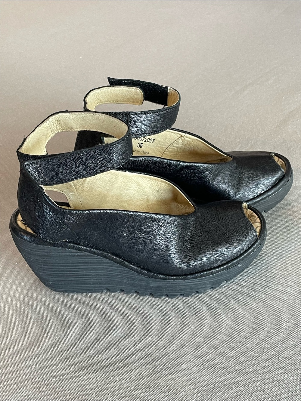 Fly London Black Leather Peep Toe Platform Wedge Sandals with Ankle Strap